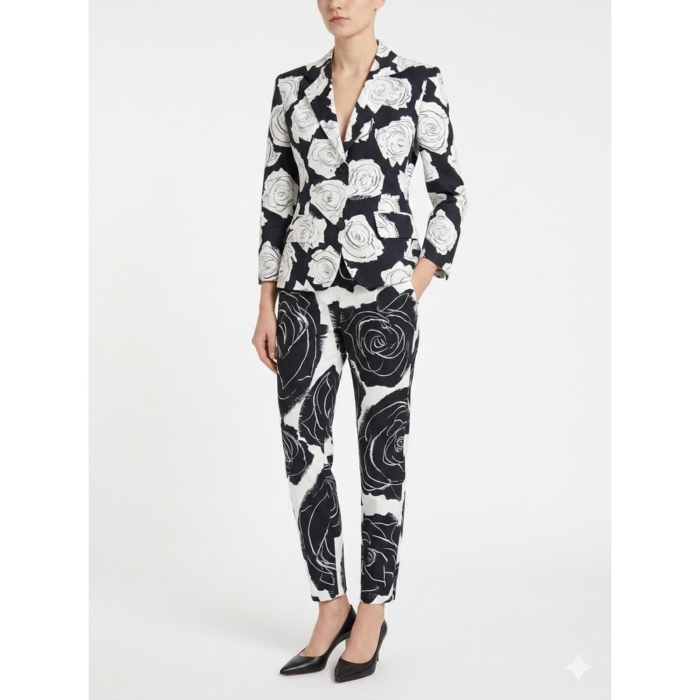 MARNI 100% Cotton Aurora Rose Blazer/Trouser Pants Set Black/White Women Size 36